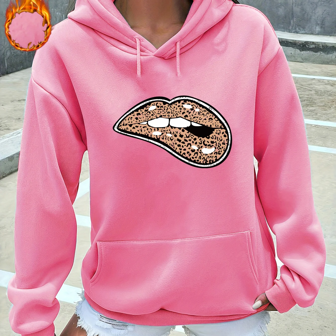 سترة نسائية للخريف والشتاء دافئة وفضفاضة كاجوال بطباعة الفهد ونمط طباعة الشفاه مطبوعة مخملية بأكمام طويلة وغطاء للرأس