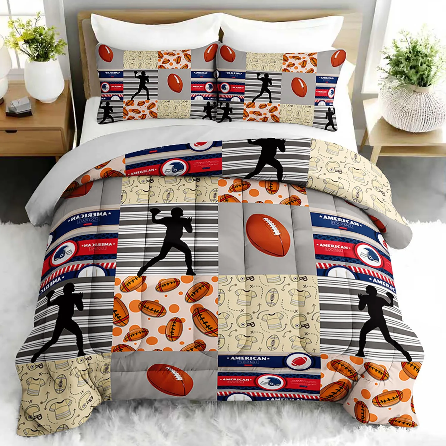 

3PC American Football Sports Comforter Set with 2 Pillowcases - Duvet Set for Bedroom Sports Themed Bedding