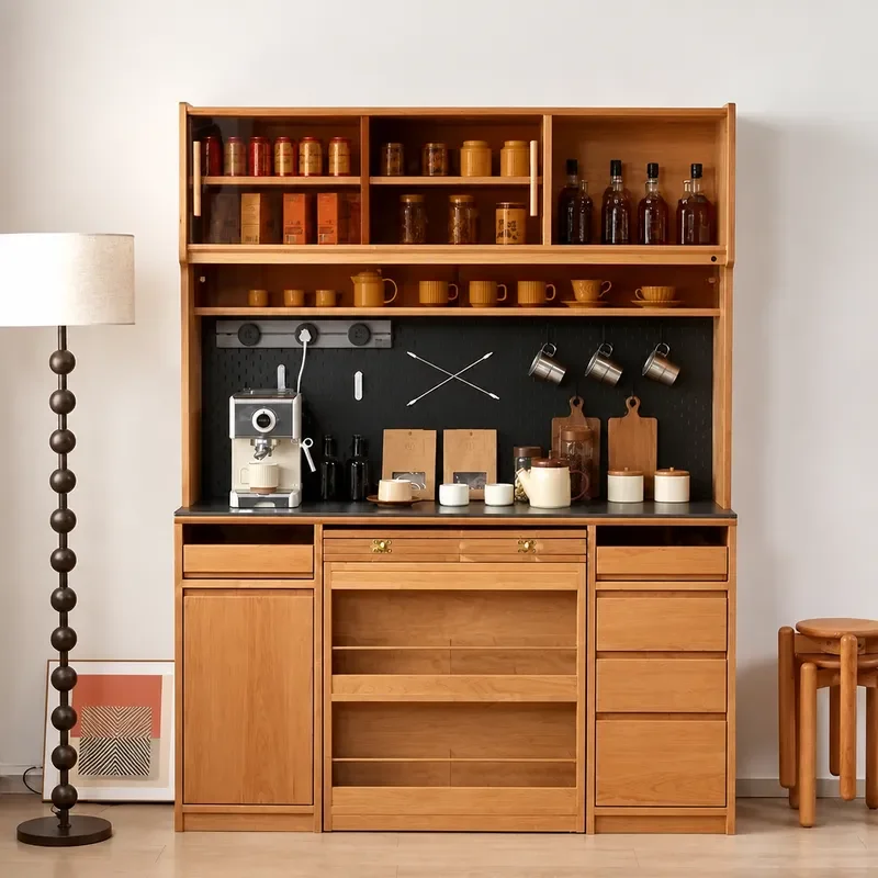 Cherry Wood Dining Side Cabinet with Hidden Foldable Table Solid Wood Wall Mounted Storage Unit for Small Apartments Space