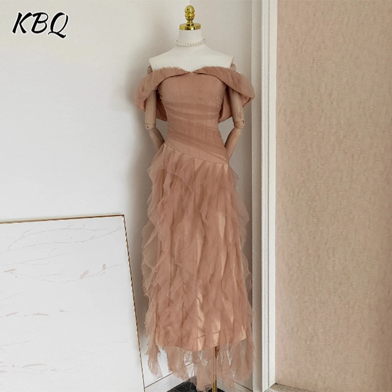 

KBQ Solid Slimming Spliced Ruffles Dresses for Women Slash Neck Off The Shoulder Sleeve High Waist Elegant Chic Dress Female New