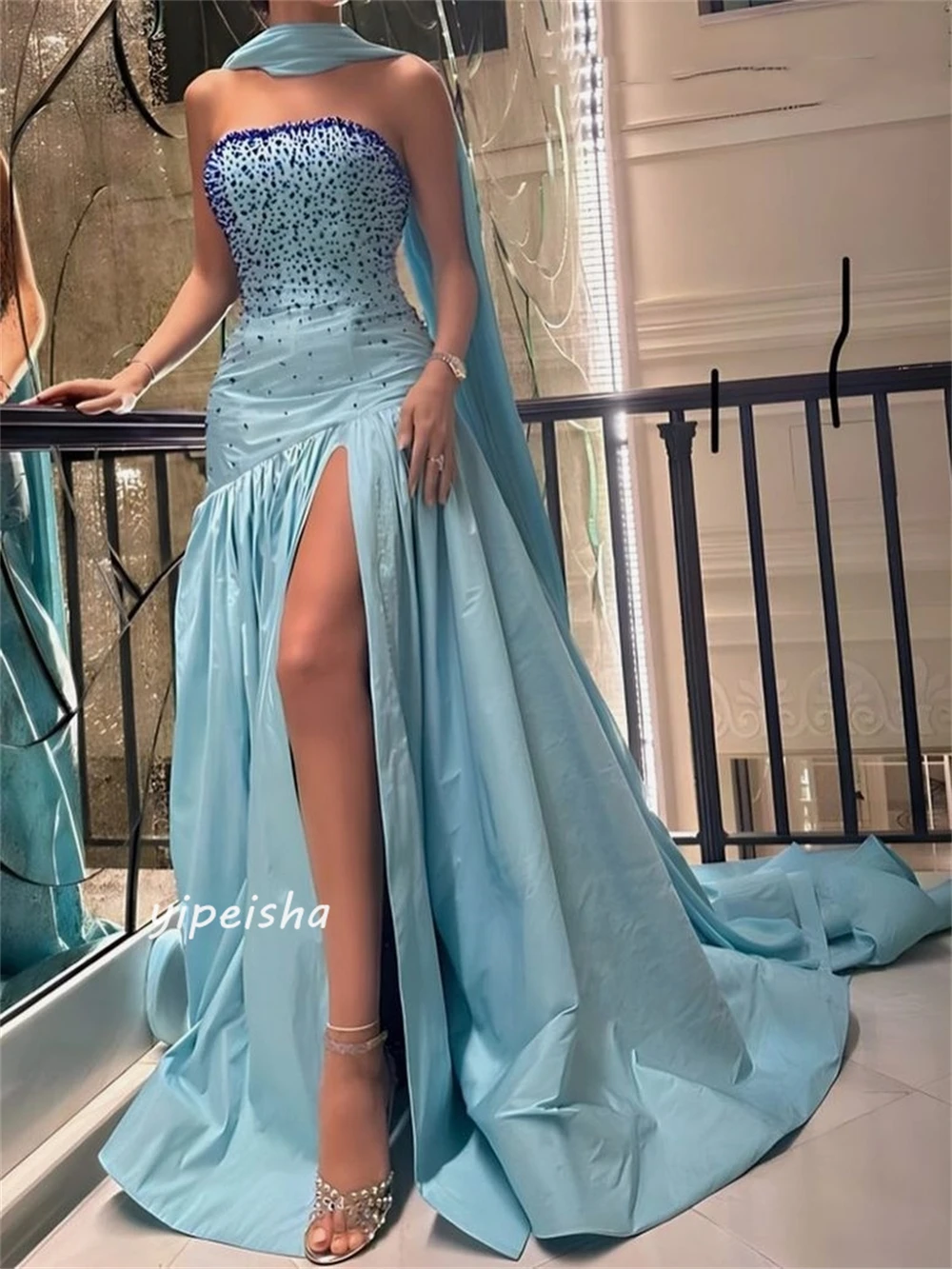 Jiayigong  Jersey Sequined Ruched Homecoming A-line Strapless Bespoke Occasion Gown Long Dresses Saudi Arabia Evening