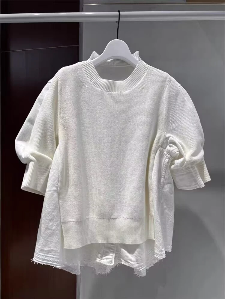 

Свободный вязаный свитер с коротким рукавом и джинсовыми вставками, женский, осенне-зимний, новый дизайн, из хлопковой ткани