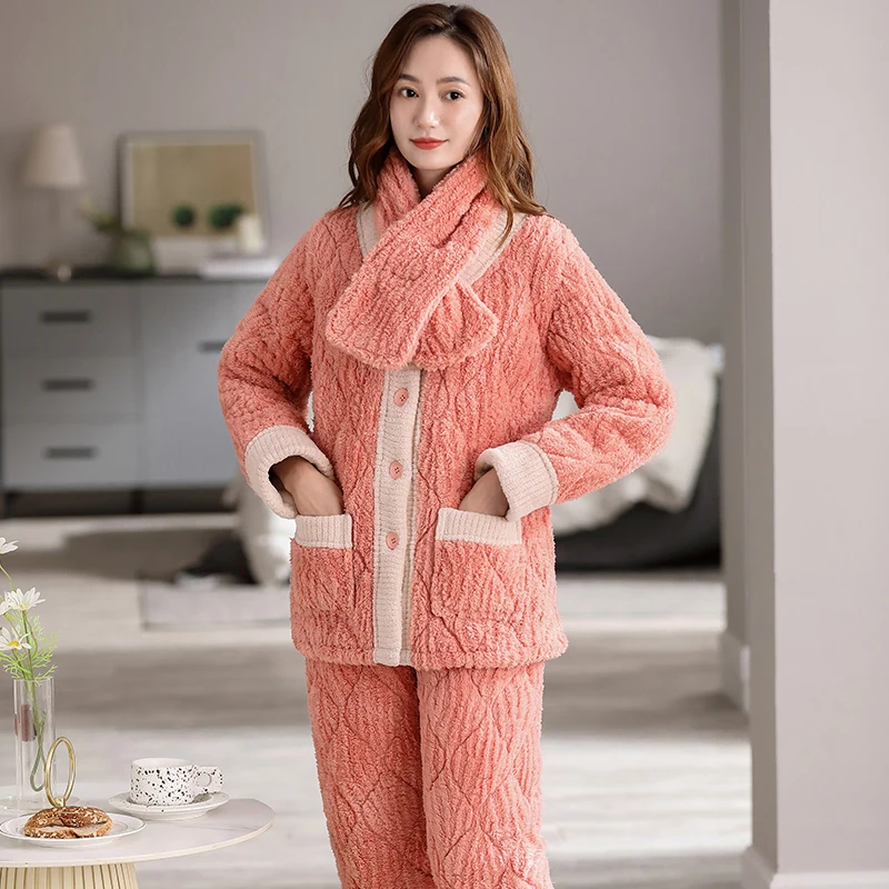 Coppia pigiama trapuntato in velluto corallo set pigiama spesso 3 strati inverno donna uomo pigiama set maniche lunghe Home Wear