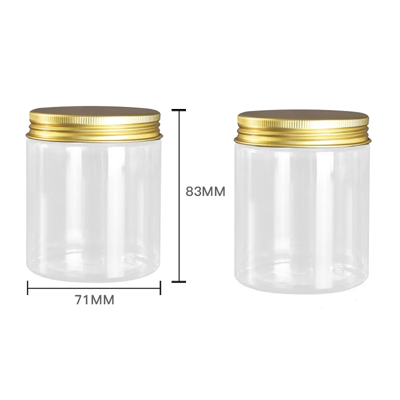 

Empty 20Pcs Cosmetic Clear Plastic Cream Jar PET 68Dia. Packaging Container 250ml Portable Refillable Packing Gold Aluminum Lid