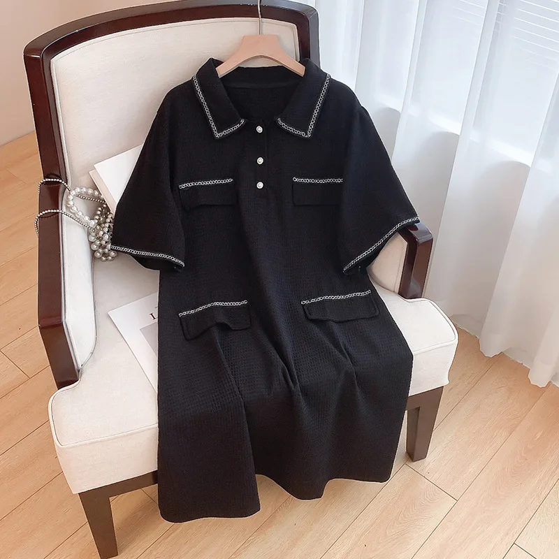 160Kg Plus Size Women\'s Bust 160 Summer Loose Small Fragrant Short Sleeve Lapel Dress Black 6XL 7XL 8XL 9XL 10XL