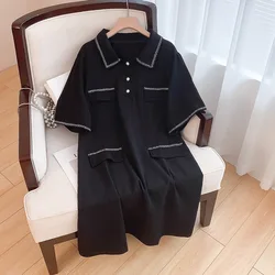 160Kg Plus Size Women's Bust 160 Summer Loose Small Fragrant Short Sleeve Lapel Dress Black 6XL 7XL 8XL 9XL 10XL