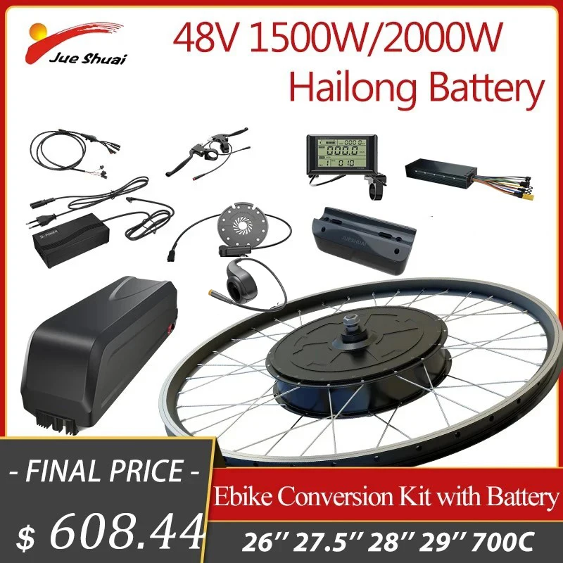 

48V Electric Bicycle Conversion Kit with 16AH Hailong Battery 1500W 2000W Brushless Hub Motor 26'' ~29'' Rear MTB Accessories