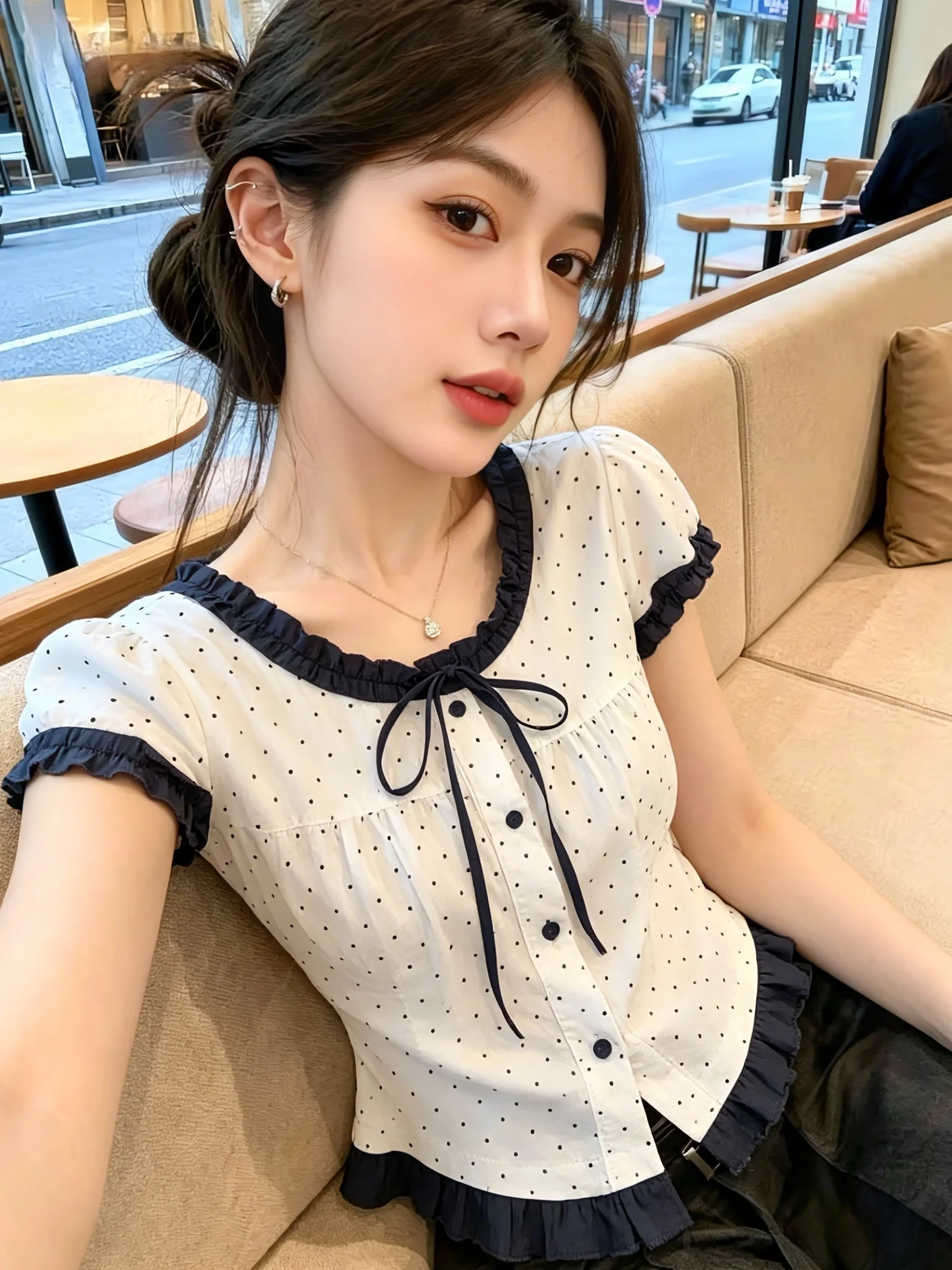 

Sweet Style Polka Dot Short Sleeve Women's Shirt Korean Version Straight Cut Commute Style Self-Kept Summer New Arrival