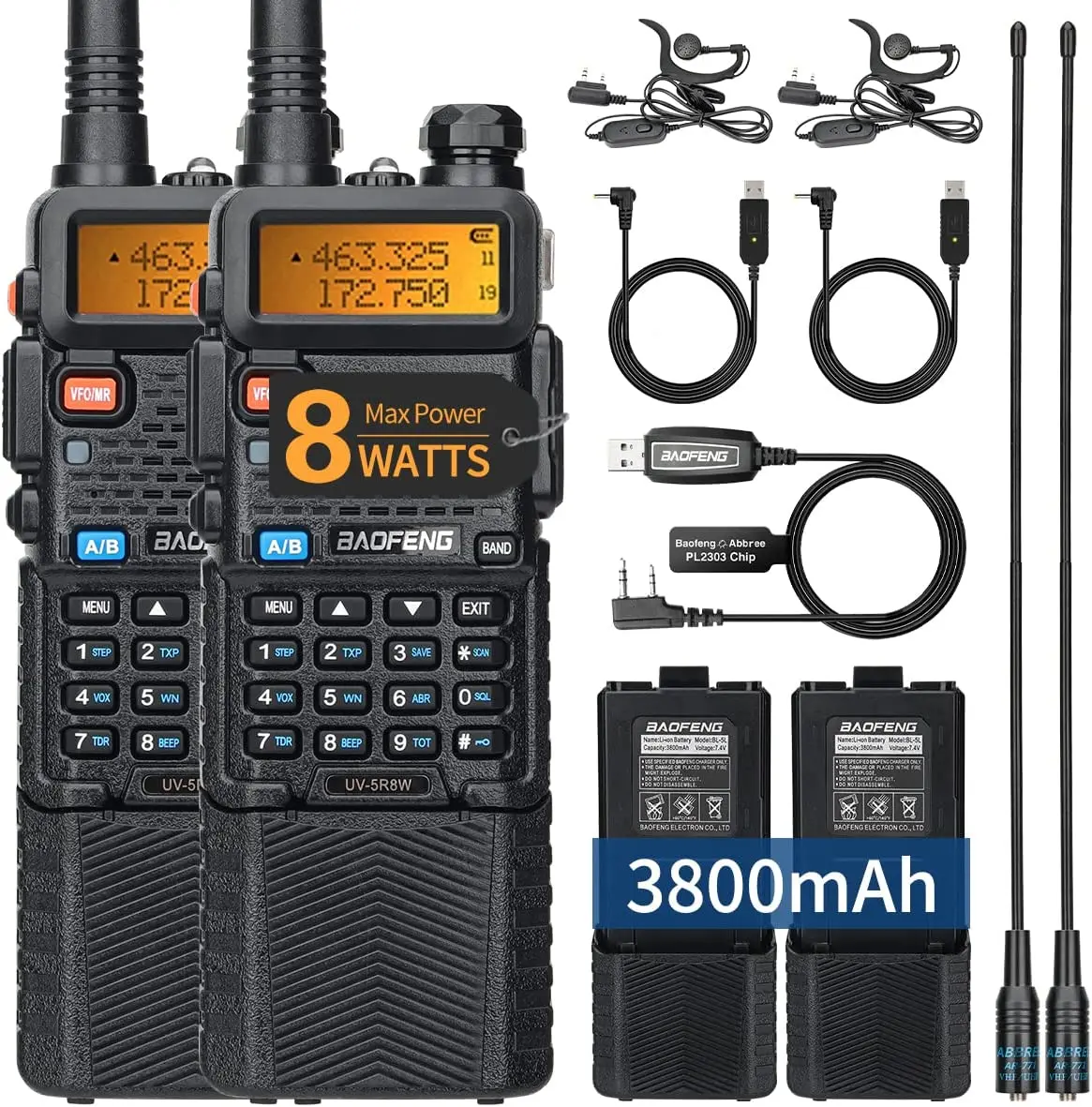 

2PCS BAOFENG UV-5R 8W/5W 3800mAh Ham Radio 16 KM Long Range Rechargeable Handheld Two Way Radio VHF&UHF Portable Walkie Talkies