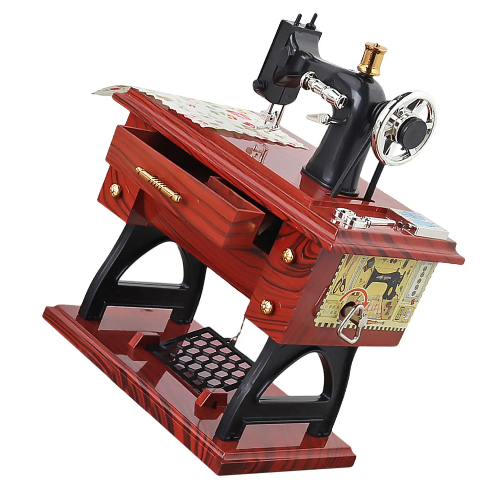 Retro Sewing Machine Music Box Mini Vintage Mechanical Hand-Cranked Clockwork Decorative Home Office Craft Table Ornament