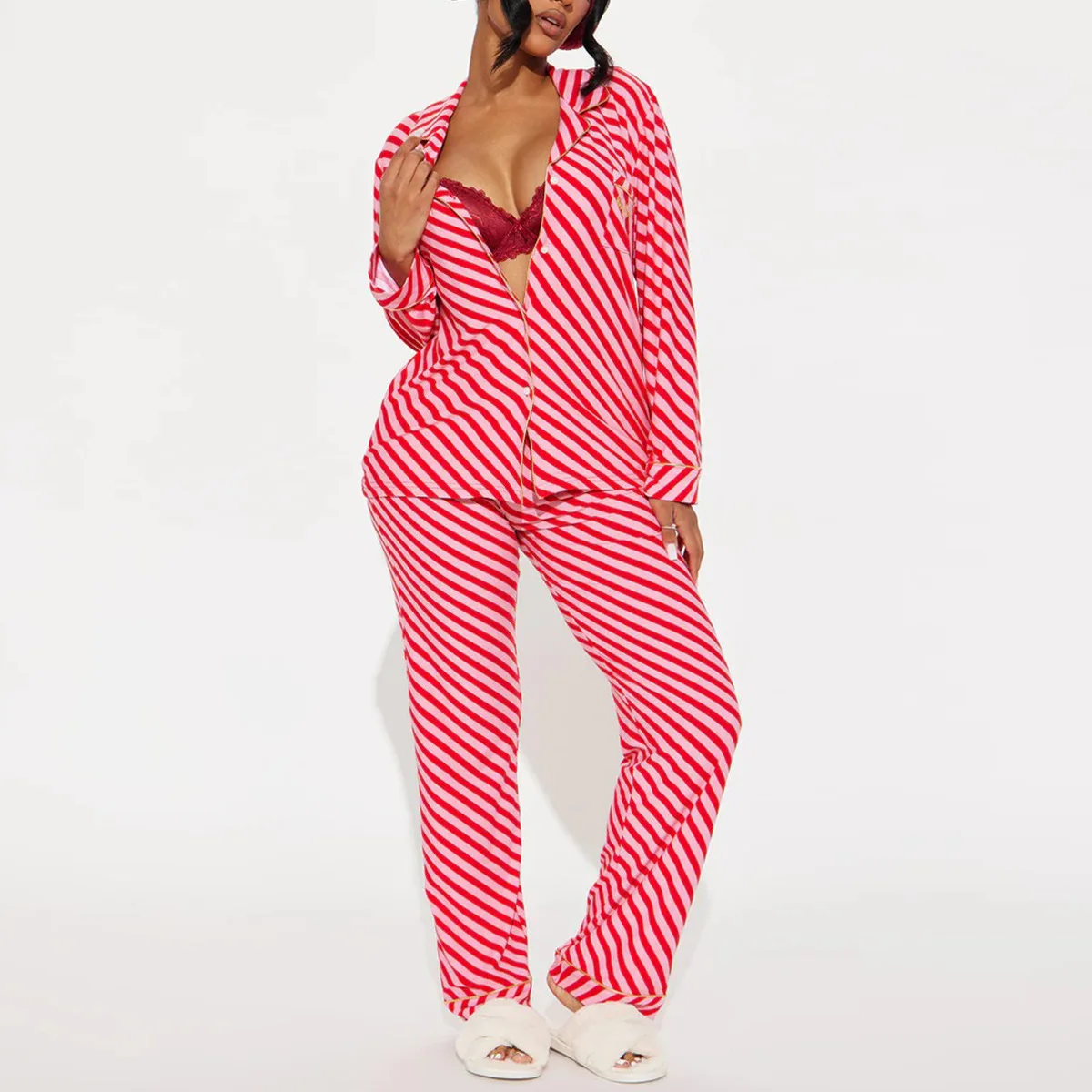 

Women's Pajamas Autumn Winter Printed Lapel Long-sleeved Tops Trousers Two-piece Set Sleepwear for Sleeping Women's Home Clothes