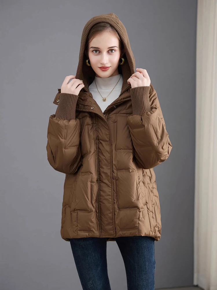 Winter Removable Knitted Hooded Mid Length Down Jacket Women White Duck Down Parker Down Jackets Female Warm Outwears Overcoat