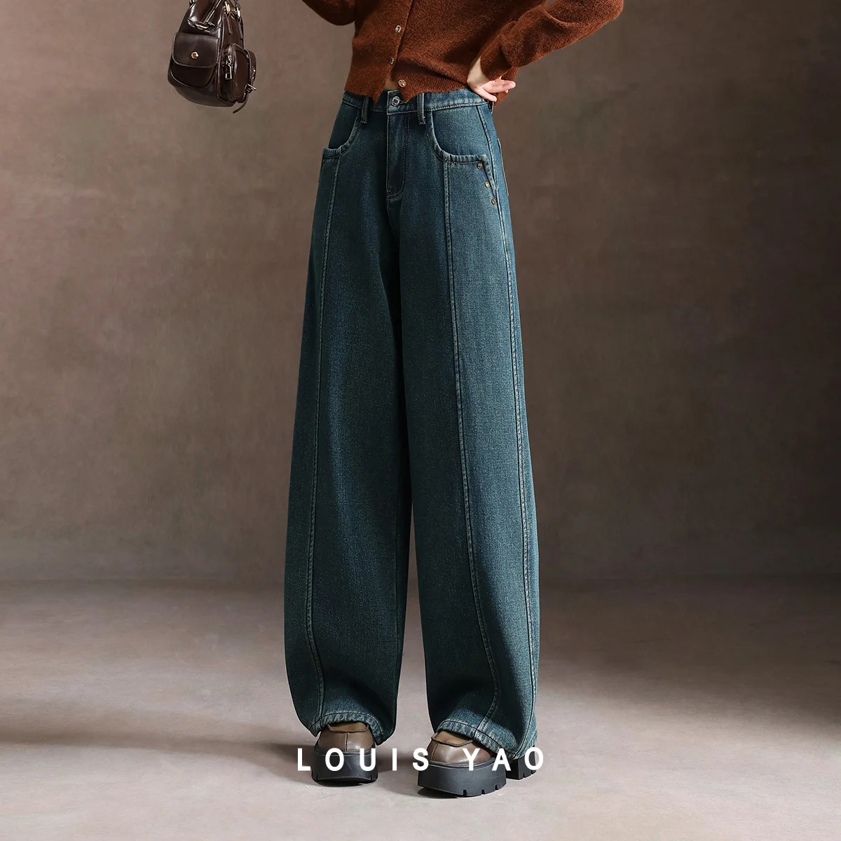 LOUIS YAO Denim Fleece-Lined Thickened Straight Leg Jeans 2025 Autumn/Winter Cotton Textured Loose High Waist Women's Long Jeans