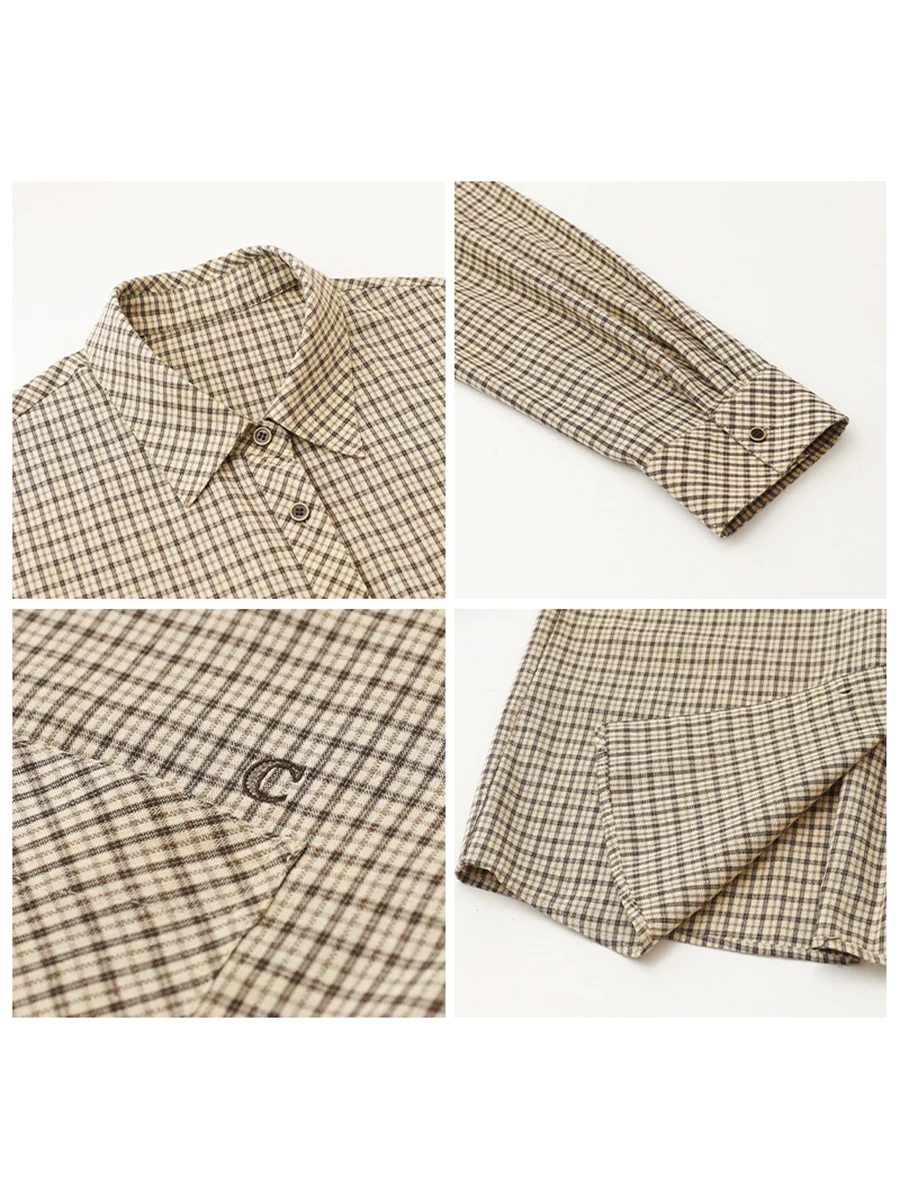 Women's Retro Plaid Embroidered Button-Up Shirt - Loose Fit