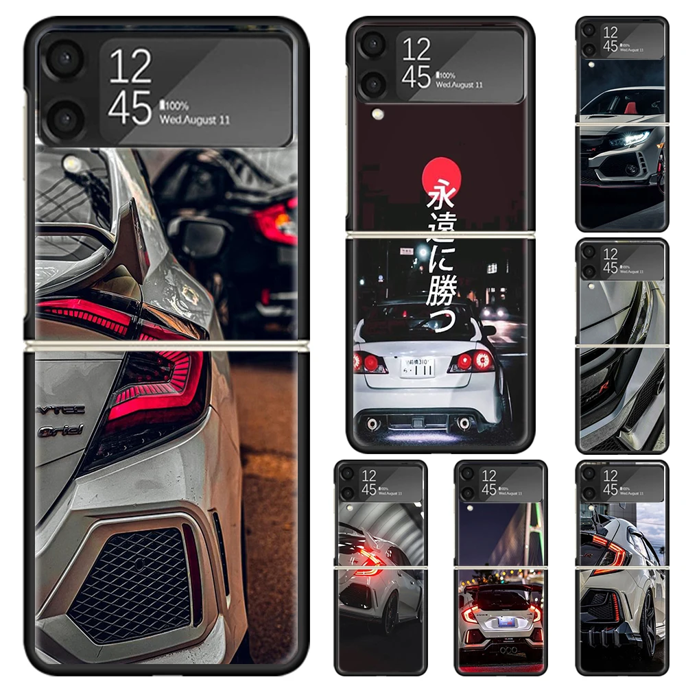 JDM Type R Civic Sport Car Hard PC Phone Case For Samsung Galaxy Z Flip 6 5 4 3 Black Cover ZFlip6 Flip5 Flip4 5G Foldable Print