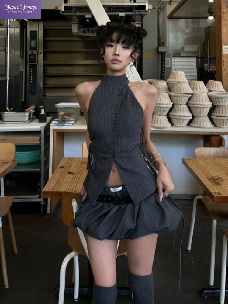 Y2K Vintage Striped Halter Neck 2 Piece Set Women Slim Fit High Waist Bubble Mini Skirt Suit Daily Streetwear Date Night Outfit