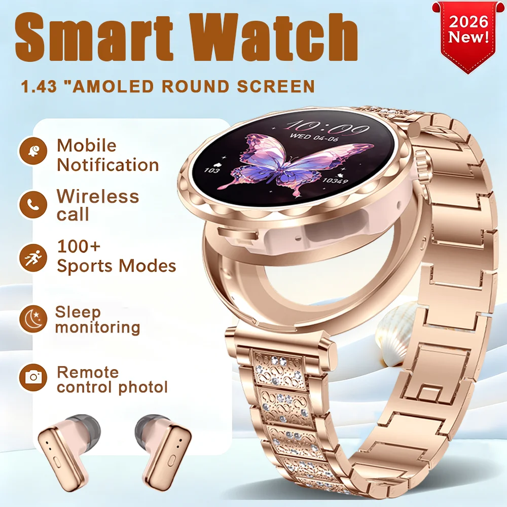 2026 New TWS Smartwatch Earphone 2 In 1 Women Watches with Earbuds Strong Sound Effects Music Lover Waterproof Ladies Smartwatch