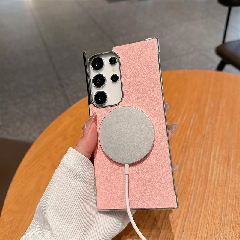 Para Samsung Galaxy S24 S25 Ultra Plus revestimiento de lujo sin marco magnético para Magsafe funda de teléfono dura de cuero de PC cubierta a prueba de golpes