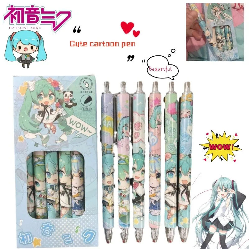 New Cute Cartoon Hatsune Miku Retractable Gel Pen Quick-Drying Black Ink Girly Aesthetic 0.5mm Black Writing Pen for Students