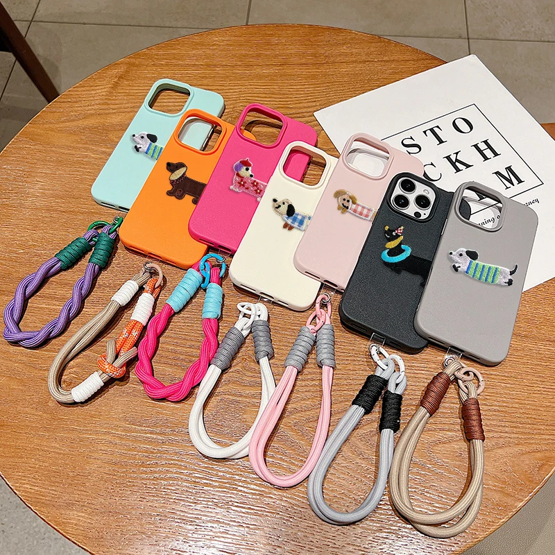 Korean Cute 3D Cartoon Embroidery Dog Lanyard Rope Case For iPhone 16 15 14 13 12 11 Pro Max Plus X XS XR Litchi Leather Cover