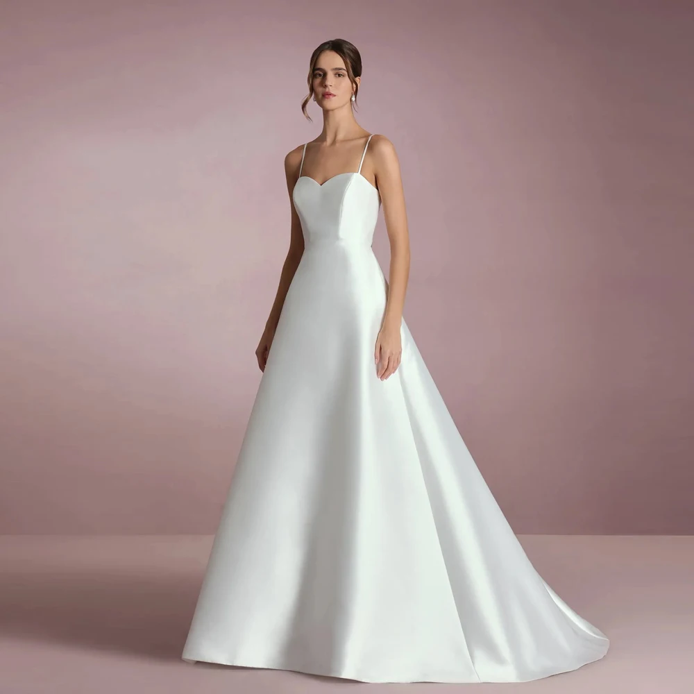 

Simple Spaghetti Straps Wedding Dresses Sweetheart Neck Buttons Bridal Grown Open Back Customized Sweep Satin Vestidos De Novia