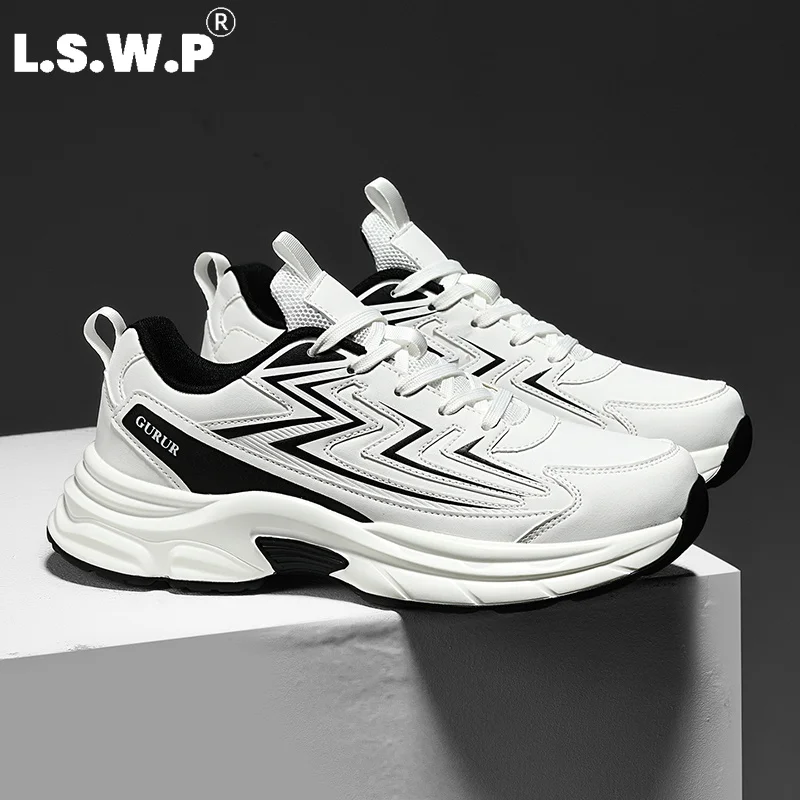 Zapatillas de running para hombre, zapatillas deportivas de estilo retro, zapatillas de cuero con diseño de bloques de color, suela gruesa, que aumentan la altura, con amortiguación, antideslizantes, resistentes al desgaste, zapatillas de running informales, ideales para ir al trabajo, caminar, viajar, hacer ejercicio, zapatillas de hombre versátiles y de moda.