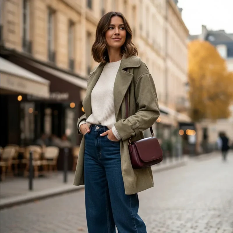 Vrouwen Retro Suède Jas Gordel Taille Korte Trenchcoat Met Revers Kraag Elegante Herfst Winter Mode Bovenkleding Voor Vrijetijdskleding