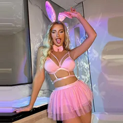 Sexy Lingerie Set Women Cosplay Bunny Girl Pink Set Mesh Lace Erotic lingerie Set Sexy Bodysuit Women Role Play Maid Costume