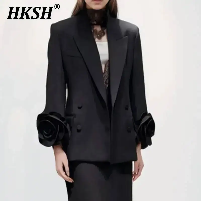 

HKSH Autumn New Women Blazer Notched Collar Long Sleeved Three-dimensional Flower Double Breasted Elegant Chic Trendy Coat H2944