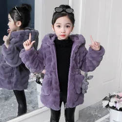 NEW Winter Mid-length Imitation Rabbit Fur Solid Waist Design Childrens Jacket With Cap New Long Sleeve Coat For Girls 4 8 12 Y
