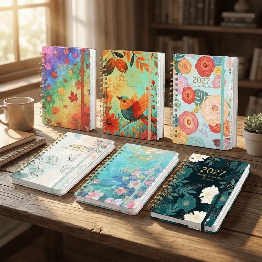 A5 2027 Planner Notebook Floral Pattern Weekly & Monthly Planner A5 Agenda Book Thick Pages with Monthly Tabs Inner Pocket