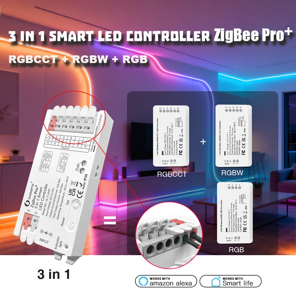 Controlador inteligente GLEDOPTO ZigBee Pro+ 5 en 1, atenuador RGBCCT/RGBW/CCT 12-24V 15A para Philips Hue Alexa SmartThings Hub