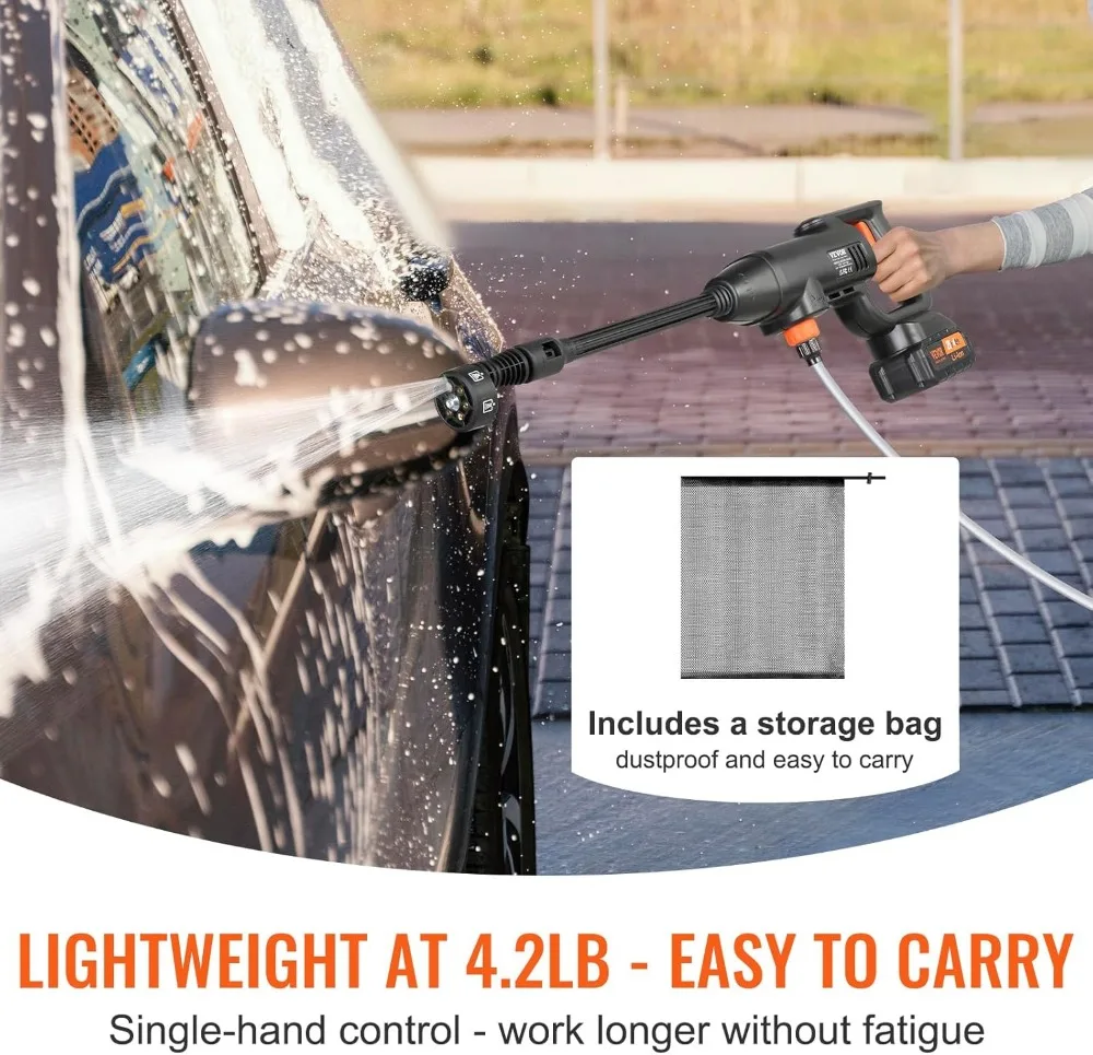 เครื่องฉีดน้ำแรงดันสูงไร้สาย, เครื่องทำความสะอาดแบบพกพาพร้อมแบตเตอรี่ 4.0Ah, หัวฉีด 6-in-1 สำหรับทำความสะอาดบ้านและรถยนต์