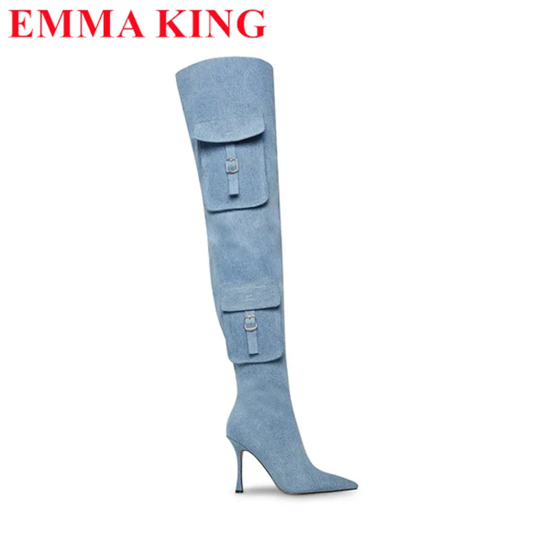 الدنيم الأزرق فوق الركبة أحذية للنساء ، أشار تو عالية الكعب ، الفخذ أحذية عالية ، موضة طويلة ، الخريف ، الشتاء ، 2023