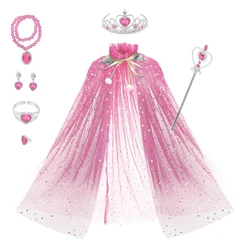 Girl Sequin Drawstring Cloak Elsa Dress up Princess Accessories Aurora Cape Crown Magic Wand Necklace Glove Set Cosplay Mantle