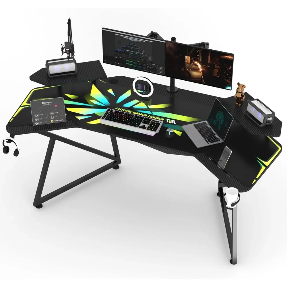 Gaming Desk with Removable Speaker Stand, 72'' Large Studio Wing-Shaped Gaming Desk with Headphone Stand, Cup Holder