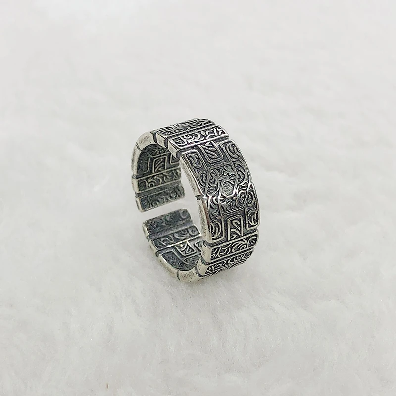 Retro Tang Grass Pattern Ring For Men Silver Color Punk Gothic Open Ring Handmade Rock Hiphop Unisex Biżuteria Akcesoria Prezent