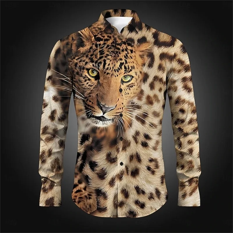 

Fashion 3D Print Leopard Graphic Men's Shirts Creative Design Funny Long Sleeve Lapel Shirt Loose Button Up Daily Casual Clothes