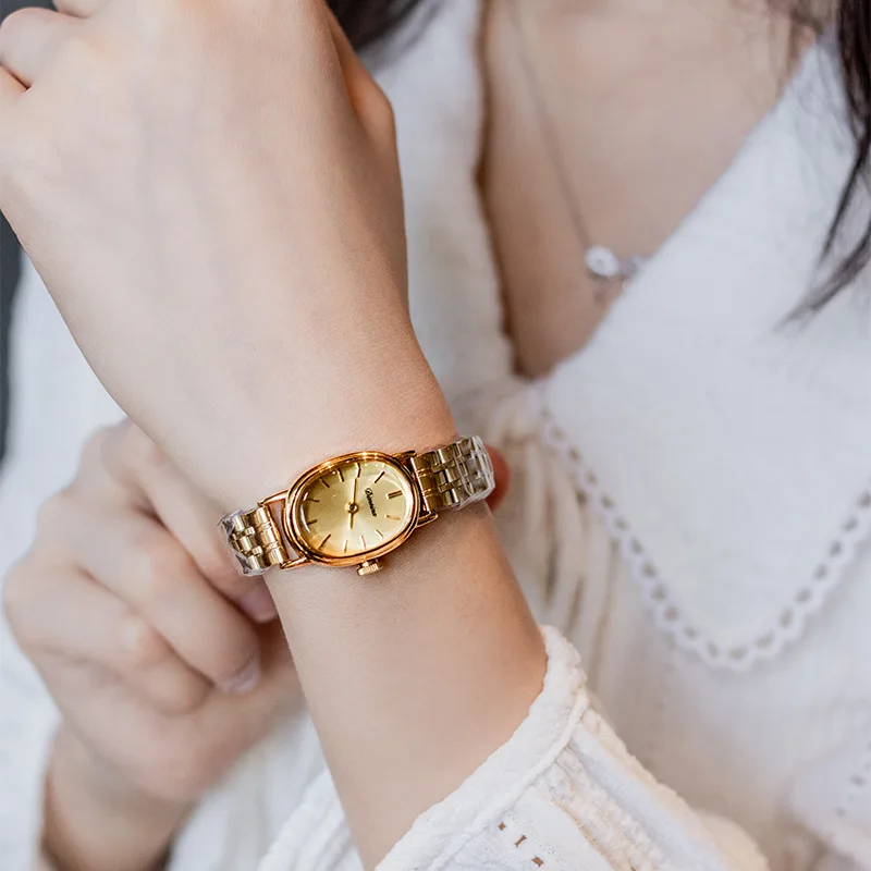 Women Quartz Watch Luxury Oval Shaped Fashion Roman Numerals Numbers Dial Female Vintage Gold Brown Watches Ladies Wristwatch