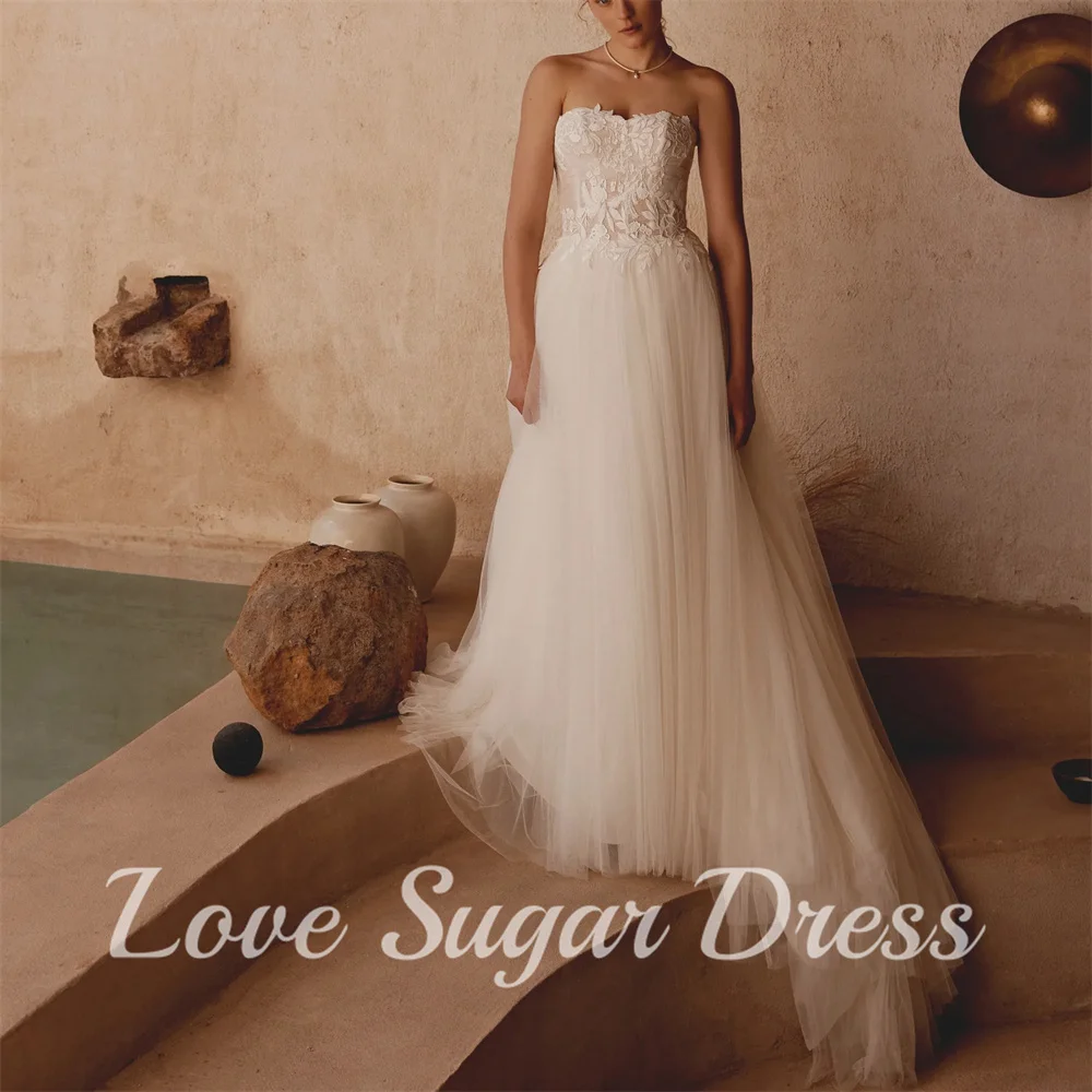 

A Line Tulle Wedding Dresses Sweetheart Neck Sleeveless Bridal Gowns Lace Applique Long Train Bride Dress vestido de novia