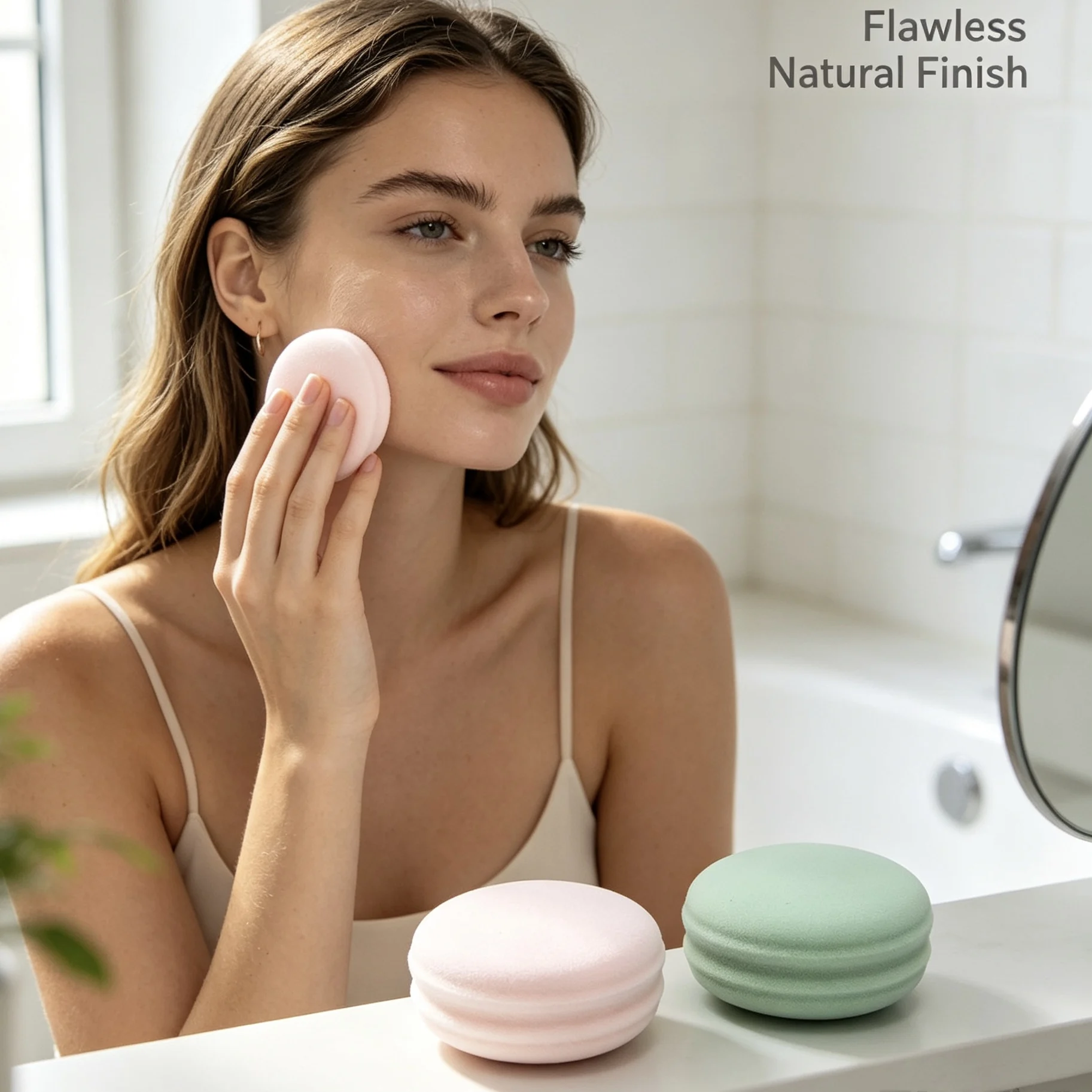 2 pieces of macaron-style double-sided makeup sponges, featuring a cute round cake shape.