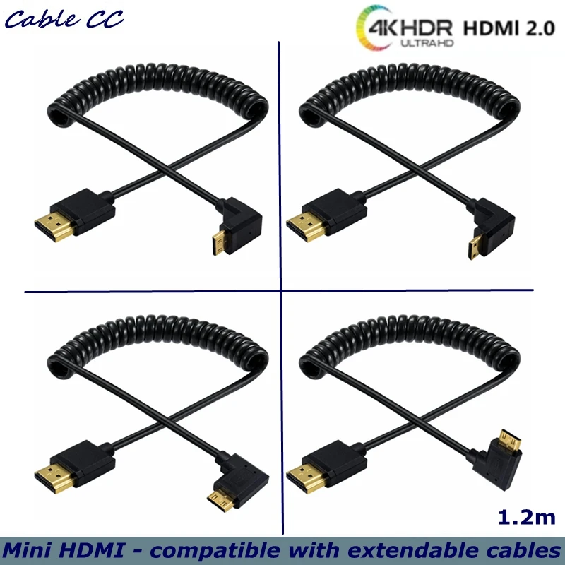 4K * 2K @ 60HZ OD 3.2mm Mini HDMI do HDMI kompatybilny kabel spiralny HDMI 2.0 do 90 stopni Mini HDMI Stretch kabel sprężynowy