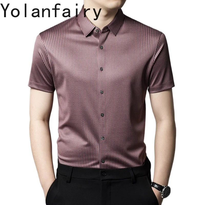 YOLANFAIRY 13.4% Mulberry Silk Summer Shirts for Men Mens Clothing Short Sleeve Shirt Men Chemise Ete 2024 Homme Loose Fit Tops