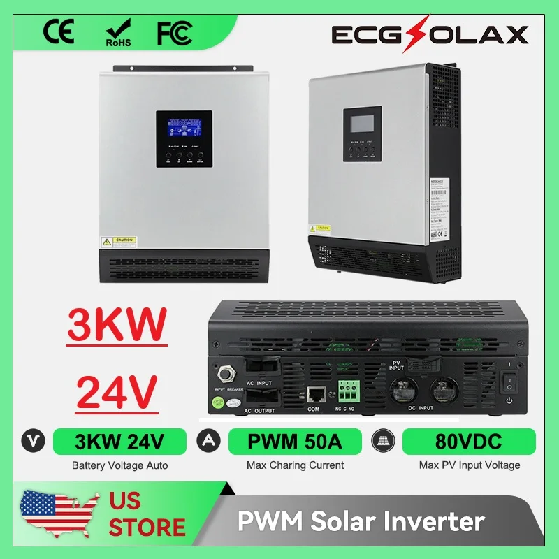 ECGSOLAX 3KVA عاكس شمسي هجين 24 فولت 110 فولت مدمج 50A PWM جهاز التحكم بالشحن بالطاقة الشمسية 2400 واط موجة جيبية نقية عاكس هجين للطاقة الشمسية #1