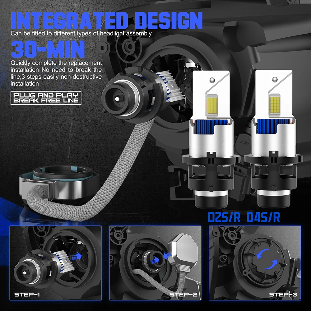 플러그 앤 플레이 CSP 칩 터보 램프, D2S D4S LED 자동차 헤드라이트, HID 전구, D2R D4R 키트, 제논 LED 자동차 조명, 30000LM