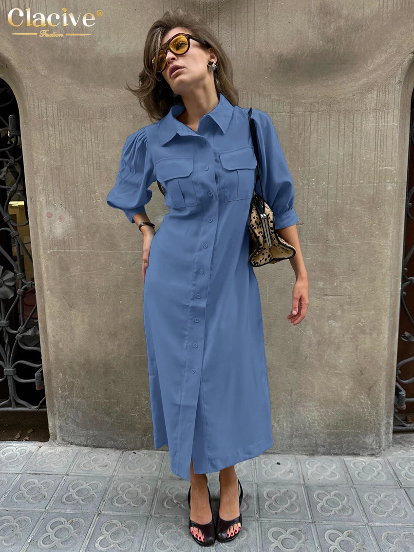 

Clacive Fashion Loose Blue Women's Dress 2026 Summer Lapel Half Sleeve Ankle Length Dresses Elegant Classic Solid Female Dress