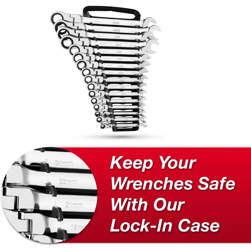 16pc MM/Metric Flex Head Ratcheting Combination Wrench Set With Lock-In Rack - Metric Flexhead MASTER SET