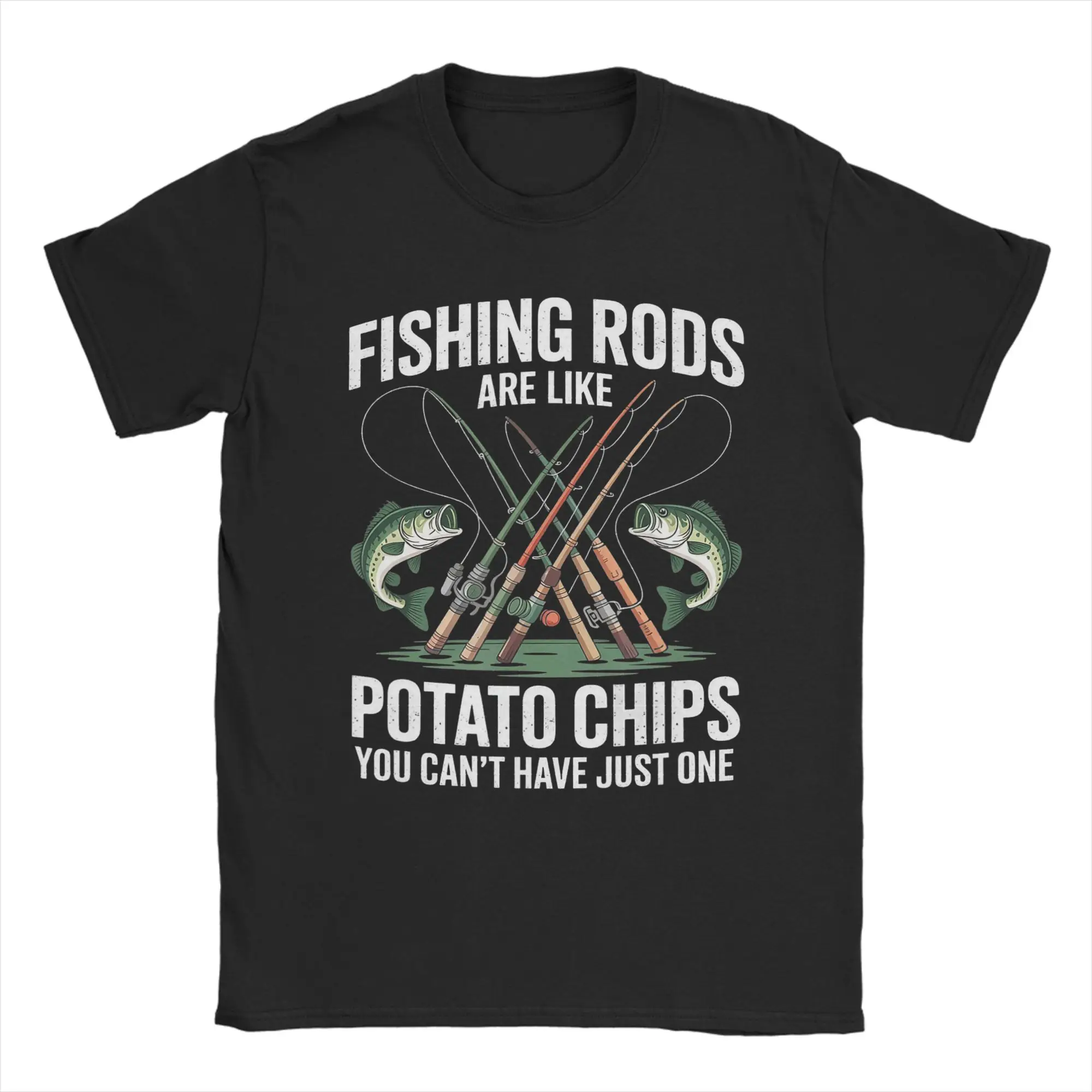 Men's T-Shirts Fishing Rods Are Like Potato Chips Hipster Cotton Tees Short Sleeve  T Shirt Crew Neck Clothes Graphic