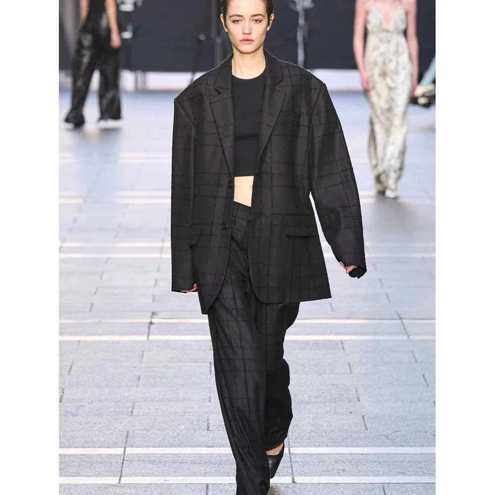 

Dark Minimalist Black Check Pattern Women’s Suit 2 Piece Set Single-Breasted Notch Lapel Loose Office Casual Female