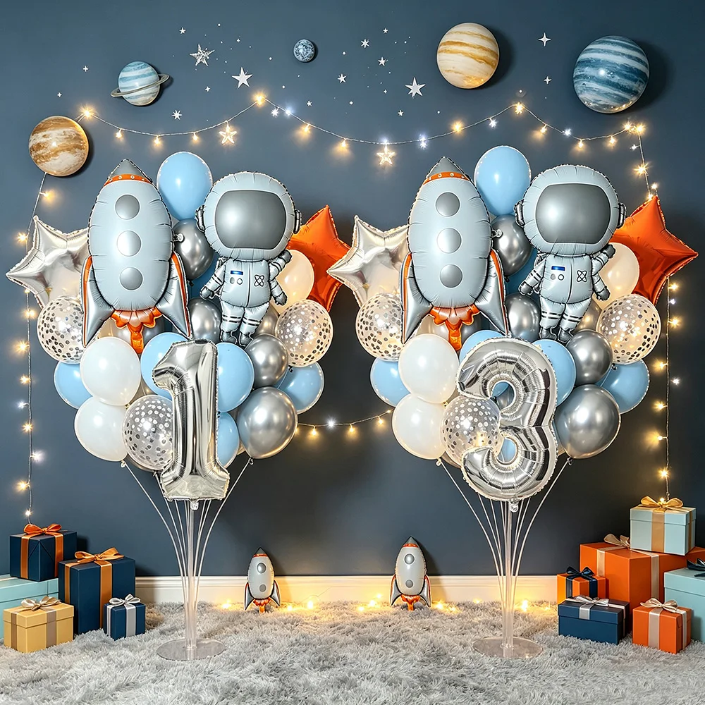 Weltraum-Astronaut Raketen-Ballon Silberne Zahlen-Folienballons Set 1 2 3 4 5 6. Geburtstag Weltraum-Themen-Party-Dekorationen